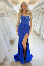 Load image into Gallery viewer, Glitter Mermaid Off The Shoulder Long Corset Beaded Prom Dress With Slit