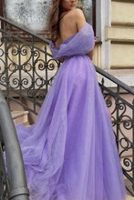 Load image into Gallery viewer, A Line Off the Shoulder Purple Long Prom Dress with Slit