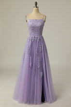 Load image into Gallery viewer, Gorgeous A Line Spaghetti Straps Lavender Long Prom Dress with Appliques