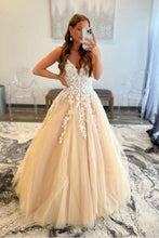 Load image into Gallery viewer, Charming A Line V Neck Champagne Prom Dress with Appliques