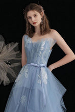 Load image into Gallery viewer, Princess A Line Strapless Blue Long Prom Dress with Appliques