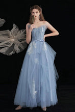 Load image into Gallery viewer, Princess A Line Strapless Blue Long Prom Dress with Appliques