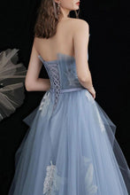 Load image into Gallery viewer, Princess A Line Strapless Blue Long Prom Dress with Appliques