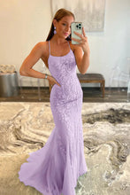 Load image into Gallery viewer, Mermaid Spaghetti Straps Lavender Long Prom Dress with Appliques