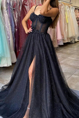 Beautiful A Line Spaghetti Straps Black Long Prom Dress