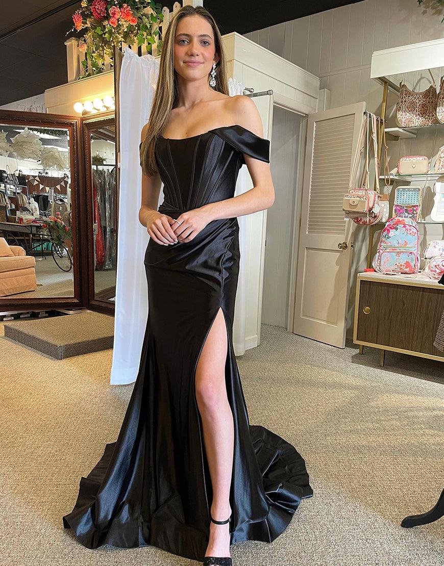 Glamorous Mermaid Off Shoulder Long Sleeve Lace Satin Maxi Prom Dress main image 1