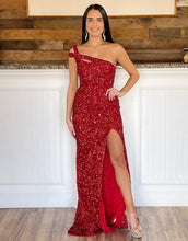 Load image into Gallery viewer, Sexy Glitter One-Shoulder Red Long Prom Dress With Sequins