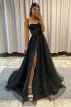 Load image into Gallery viewer, Beautiful A Line Spaghetti Straps Black Long Prom Dress