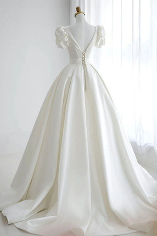 Elegant A Line V Neck White Wedding Dress with Short Sleeves