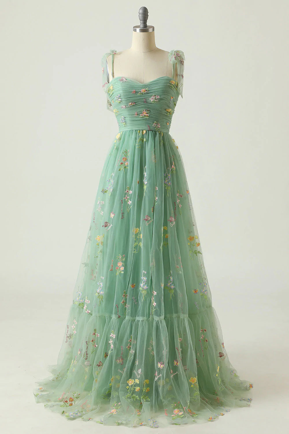 Elegant A Line Spaghetti Straps Green Long Prom Dress with Embroidery