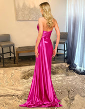Load image into Gallery viewer, Sexy Glitter Hot Pink Satin Long Prom Dress With Split