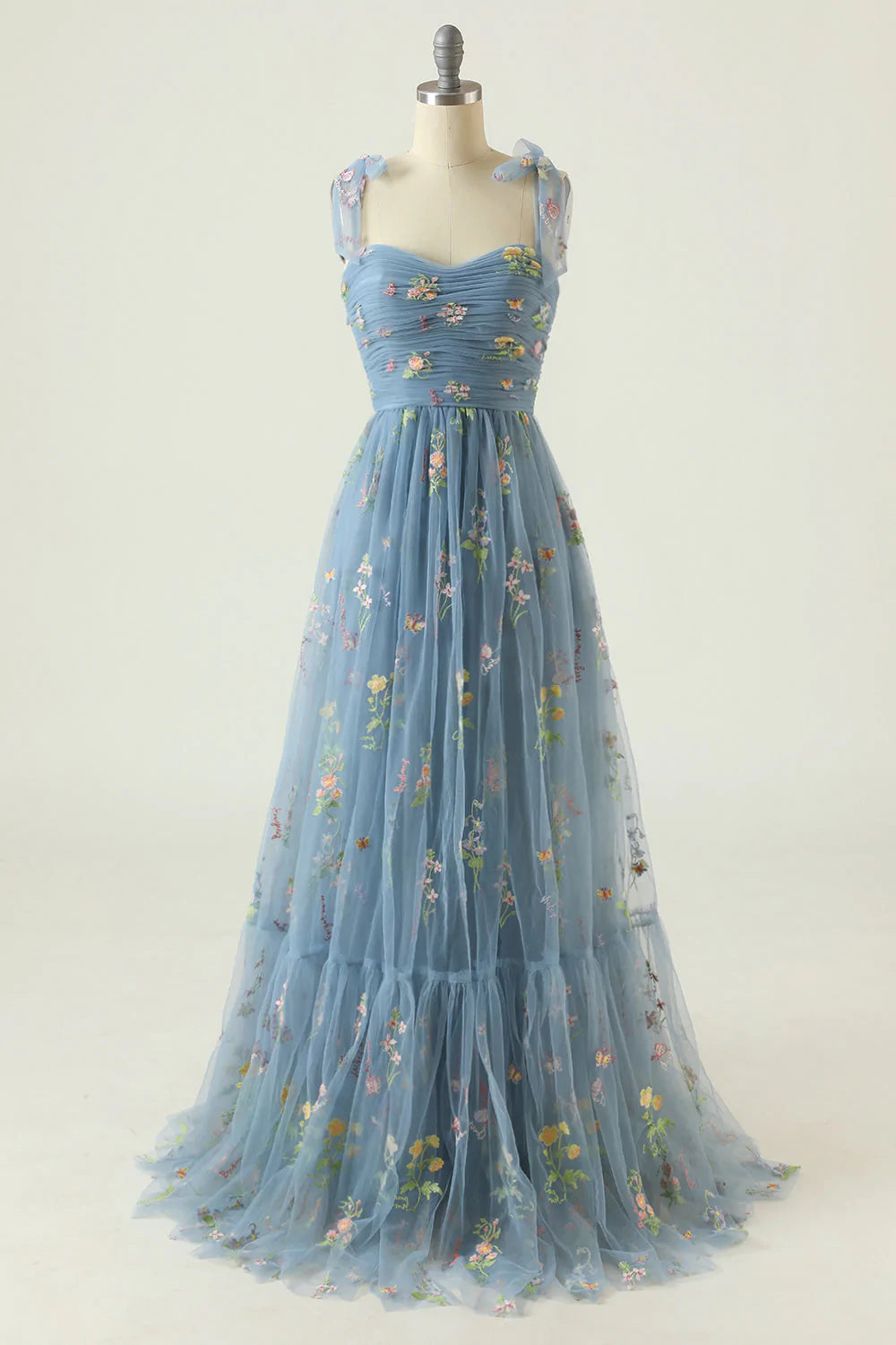 Elegant A Line Spaghetti Straps Blue Long Prom Dress with Embroidery