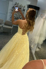Load image into Gallery viewer, Princess A Line Spaghetti Straps Light Champagne Long Prom Dress with Appliques