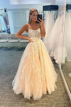 Load image into Gallery viewer, Princess A Line Spaghetti Straps Light Champagne Long Prom Dress with Appliques