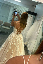 Load image into Gallery viewer, Princess A Line Spaghetti Straps Light Champagne Long Prom Dress with Appliques