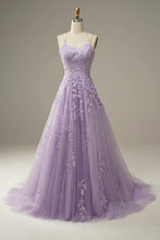 Load image into Gallery viewer, Princess A Line Spaghetti Straps Purple Long Prom Dress with Appliques