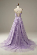 Load image into Gallery viewer, Princess A Line Spaghetti Straps Purple Long Prom Dress with Appliques