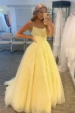 Load image into Gallery viewer, Princess A Line Spaghetti Straps Light Champagne Long Prom Dress with Appliques