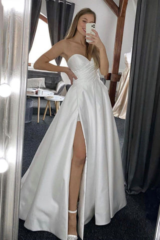 Charming A Line Sweetheart White Wedding Dress with Slit