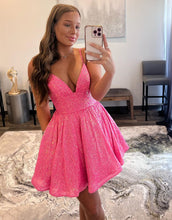 Load image into Gallery viewer, A-Line Fuchsia Corset Back Glitter Homecoming Dress