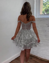 Load image into Gallery viewer, Stunning A-Line Off The Shoulder Tiered Glitter Homecoming Dress With Appliques