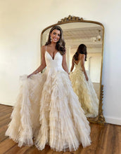 Load image into Gallery viewer, A-Line V-Neck Spaghetti Straps Long Tiered Tulle Prom Dress