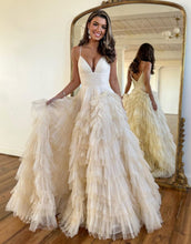 Load image into Gallery viewer, A-Line V-Neck Spaghetti Straps Long Tiered Tulle Prom Dress
