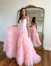 Load image into Gallery viewer, A-Line V-Neck Spaghetti Straps Long Tiered Tulle Prom Dress
