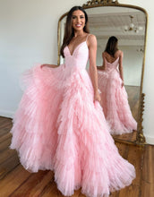 Load image into Gallery viewer, A-Line V-Neck Spaghetti Straps Long Tiered Tulle Prom Dress