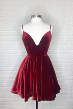 Load image into Gallery viewer, A-line Velvet Burgundy Spaghetti Straps Homecoming Dress