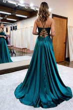 Load image into Gallery viewer, A Line Spaghetti Straps Green Long Prom Dress with Appliques