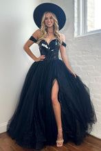 Load image into Gallery viewer, Black A-Line Off The Shoulder Mirror Top Long Tulle Prom Dress With Split