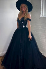 Load image into Gallery viewer, Black A-Line Off The Shoulder Mirror Top Long Tulle Prom Dress With Split