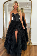 Load image into Gallery viewer, A-Line Sweetheart Black Long Ruffle Tulle Prom Dress With Split