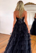 Load image into Gallery viewer, A-Line Sweetheart Black Long Ruffle Tulle Prom Dress With Split