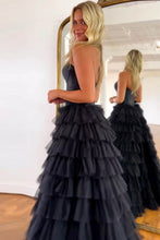 Load image into Gallery viewer, A-Line Sweetheart Black Long Ruffle Tulle Prom Dress With Split