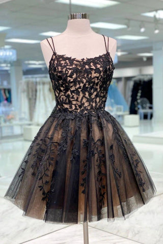 Black A Line Spaghetti Straps Homecoming Dress With Appliques