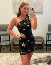 Load image into Gallery viewer, Black One Shoulder Sequin Homecoming Dress With Stars