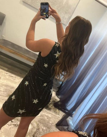 Black One Shoulder Sequin Homecoming Dress With Stars