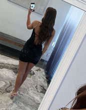 Load image into Gallery viewer, Black Spaghetti Straps Lace Up Short Glitter Homecoming Dress