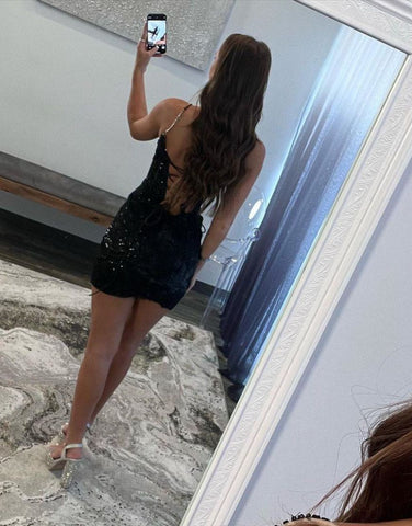 Black Spaghetti Straps Lace Up Short Glitter Homecoming Dress