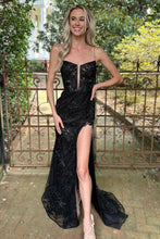Load image into Gallery viewer, Black Spaghetti Straps Long Corset Prom Dress With Split And Appliques