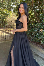 Load image into Gallery viewer, Black Tulle A-Line Strapless Long Prom Party Dress With Split