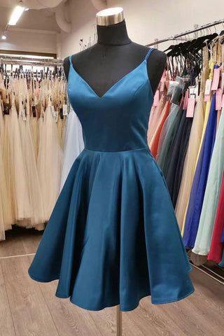 Blue A-line V-neck Spaghetti Straps Homecoming Dress