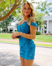 Load image into Gallery viewer, Blue Bodycon Off The Shoulder Satin Homecoming Dress With Pleating