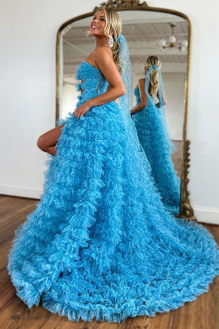 Blue Cute A-Line Sweetheart Long Tiered Tulle Prom Dress With Split