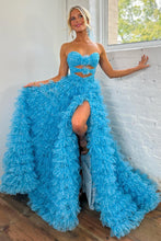 Load image into Gallery viewer, Blue Cute A-Line Sweetheart Long Tiered Tulle Prom Dress With Split