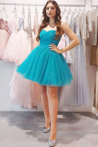 Blue Glitter Tulle A-line Strapless Homecoming Dress