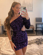 Load image into Gallery viewer, Bodycon One Shoulder Long Sleeves Sequin Homecoming Dress