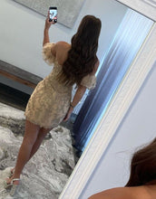 Load image into Gallery viewer, Champagne Strapless Lace Homecoming Dress With Detachable Sleeves